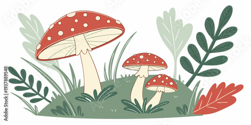 A cartoon illustration of mushrooms and plants in the forest Vector