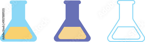 Erlenmeyer flasks with colored liquid and outline icon isolated on transparent background