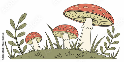 A group of mushrooms and plants in a field Vector