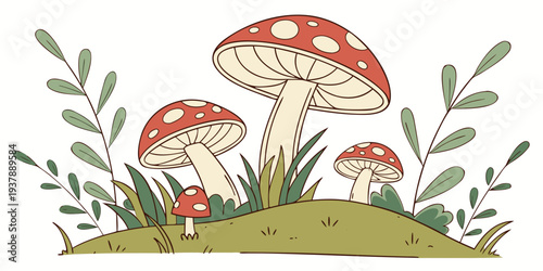 A group of mushrooms on a grassy hill Vector