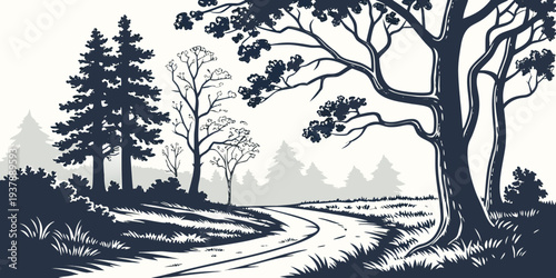 A winding road through a forest with trees on either side Vector