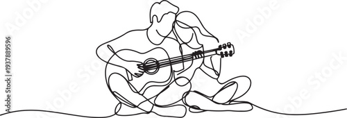 continuous line of man and woman playing guitar.single line of romantic couple.man playing guitar outdoors with lover in one line vector drawing. Editable stroke