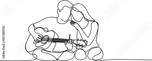 continuous line of man and woman playing guitar.single line of romantic couple.man playing guitar outdoors with lover in one line vector drawing. Editable stroke