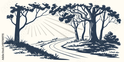 A serene landscape with a winding road and trees Vector