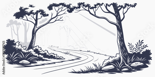 A drawing of two trees on a hill Vector