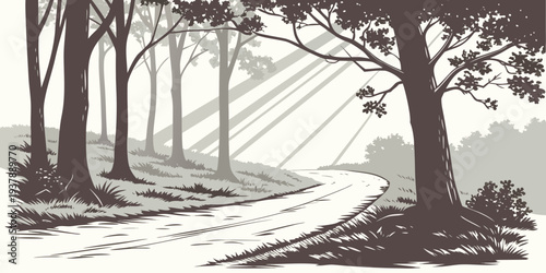 A winding road through a forest with trees on both sides Vector