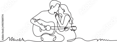 continuous line of man and woman playing guitar.single line of romantic couple.man playing guitar outdoors with lover in one line vector drawing. Editable stroke
