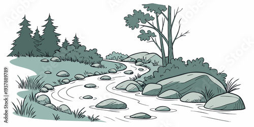 A serene landscape with a winding stream and trees Vector