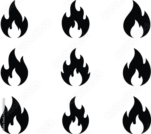 Set of nine stylized fire flames vector illustration flat design isolated on black background