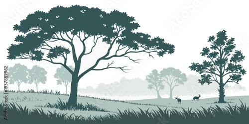 A serene landscape with trees and grassy fields Vector