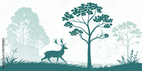 A deer walks through a forest with trees Vector