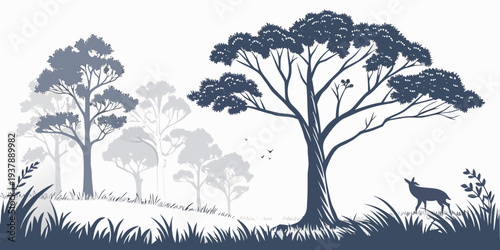 A serene forest scene with a deer standing under a tree Vector