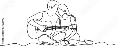 continuous line of man and woman playing guitar.single line of romantic couple.man playing guitar outdoors with lover in one line vector drawing. Editable stroke