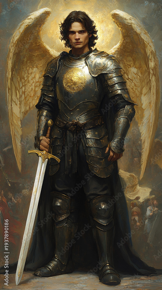 Naklejka premium A celestial warrior, Archangel Michael, stands in shining armor, wielding a sword, his large wings spread behind him