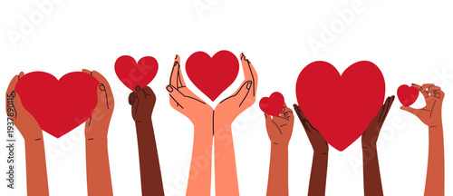 Flat vector illustration of diverse hands holding red heart symbols. Perfect for healthcare, donation campaigns, social support, volunteering, and humanitarian concepts.