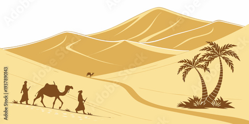 A desert scene with a camel and palm trees Vector