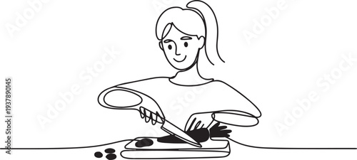 Continuous one line design of young woman cutting carrots. Cute cooking art character. Editable stroke