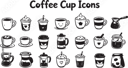 Hand Drawn Coffee Cup Icon Set, Doodle Cafe Drink Mug Collection.