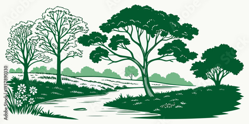 A green landscape with trees and a stream Vector