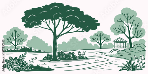 A serene landscape with trees and a winding path Vector