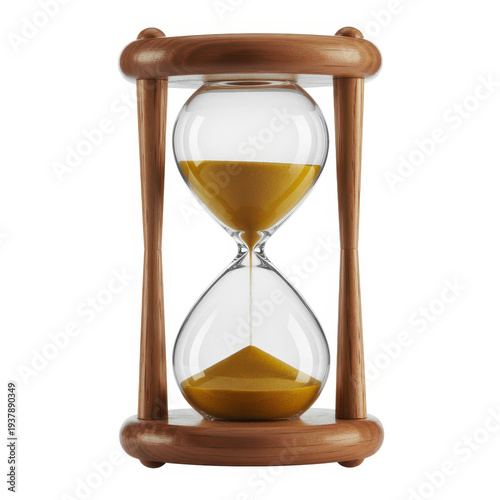Hourglass with sand flowing from bulb to bottom wooden