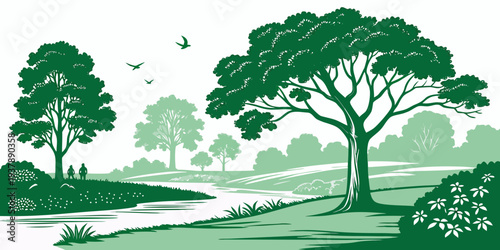 A green landscape with trees and a stream Vector