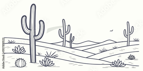 A desert landscape with cacti and mountains Vector