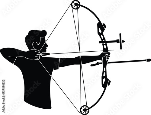 Black silhouette of a professional male archer aiming a modern compound bow with stabilizer and sight isolated on white background for sports design