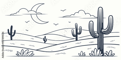 A desert landscape with cacti and a crescent moon Vector