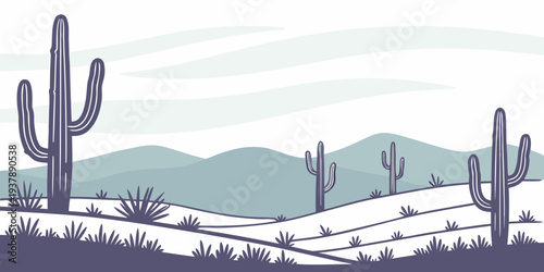 A desert landscape with cacti and mountains Vector