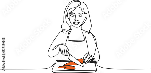 Continuous one line design of young woman cutting carrots. Cute cooking art character. Editable stroke
