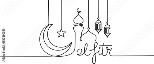 Continuous one line drawing Eid al-Fitr concept.one line vector illustration with out background