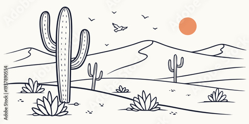 A desert landscape with cacti and a sun Vector