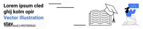 E-learning, education tools, coding, digital learning, software development, online study. A book, a graduate cap and coding icon . E-learning and education tools concept