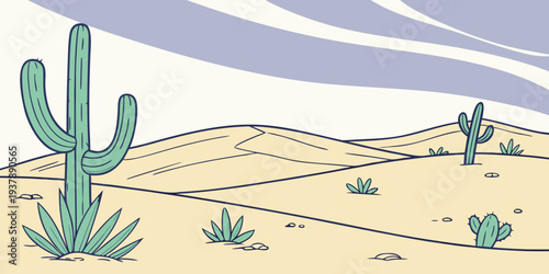 A desert landscape with a cactus and sandy dunes Vector