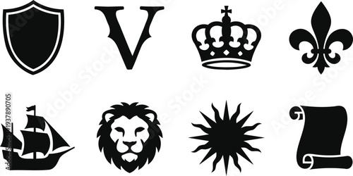 Medieval heraldry symbols set with lion crown shield vector illustration