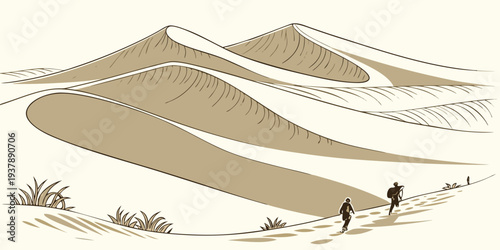 A desert landscape with sand dunes and mountains Vector