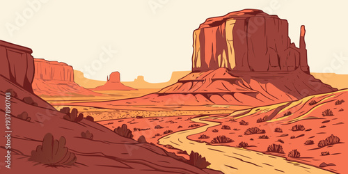 A pixelated image of a desert landscape with rock formations Vector