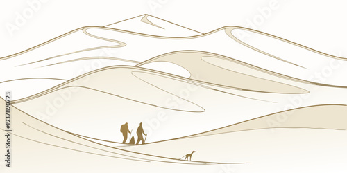 A couple walking across a vast desert landscape Vector