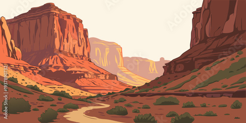 A desert landscape with a winding road and rocky formations Vector