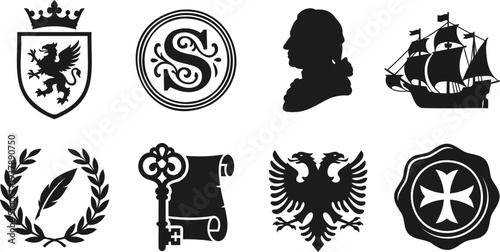 Medieval heraldry symbols set flat design vector illustration isolated