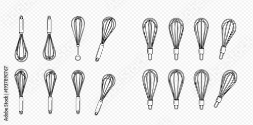 Set of kitchen whisks hand drawn vector illustrations, cooking utensil collection.