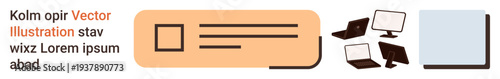 Remote work, digital communication, IT solutions, workplace setup, technology design, visual interfaces. Abstract rectangle and digital devices. Remote work and digital communication concept