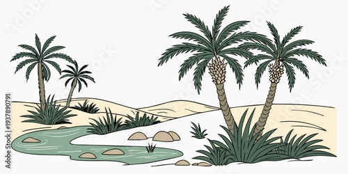 A serene tropical landscape with palm trees and water Vector