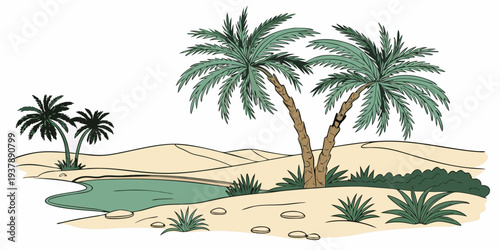 A small island with palm trees and a body of water Vector