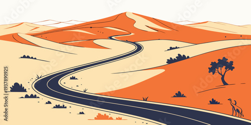 A winding road through a desert landscape with orange sand and sparse trees Vector