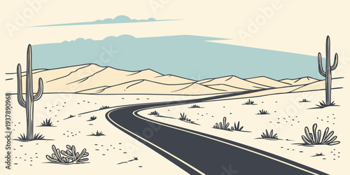 A desert road with cacti and mountains in the background Vector