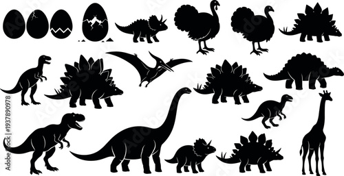 Dinosaur silhouette collection with prehistoric animals eggs and flying pterodactyl isolated vector set for paleontology education wildlife design and ancient reptile illustration