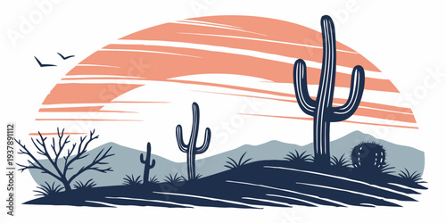 A desert landscape with cacti at sunset Vector