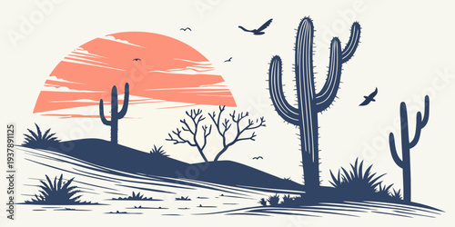 A desert landscape with cacti and a sunset Vector